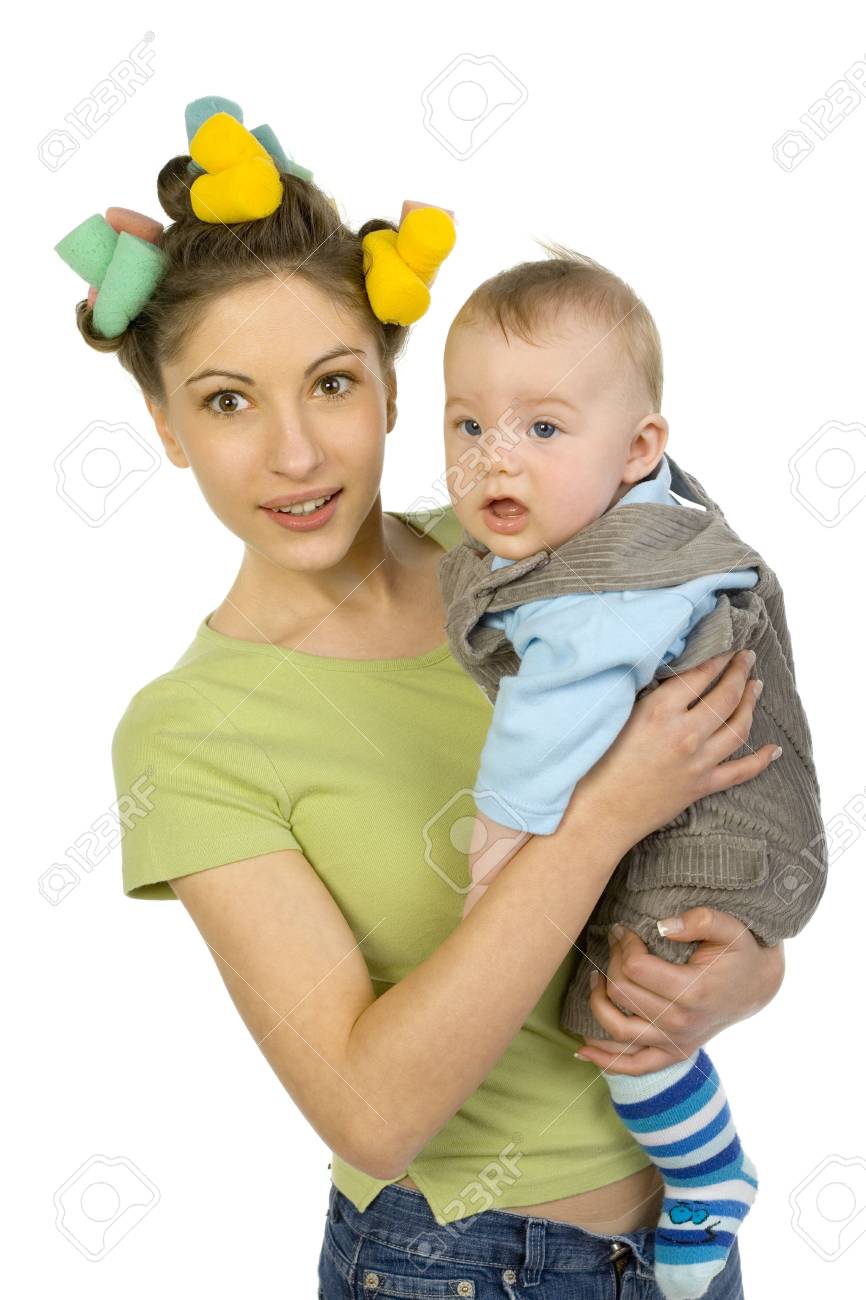 young beautiful woman with baby on hands smiling and looking baby on bored