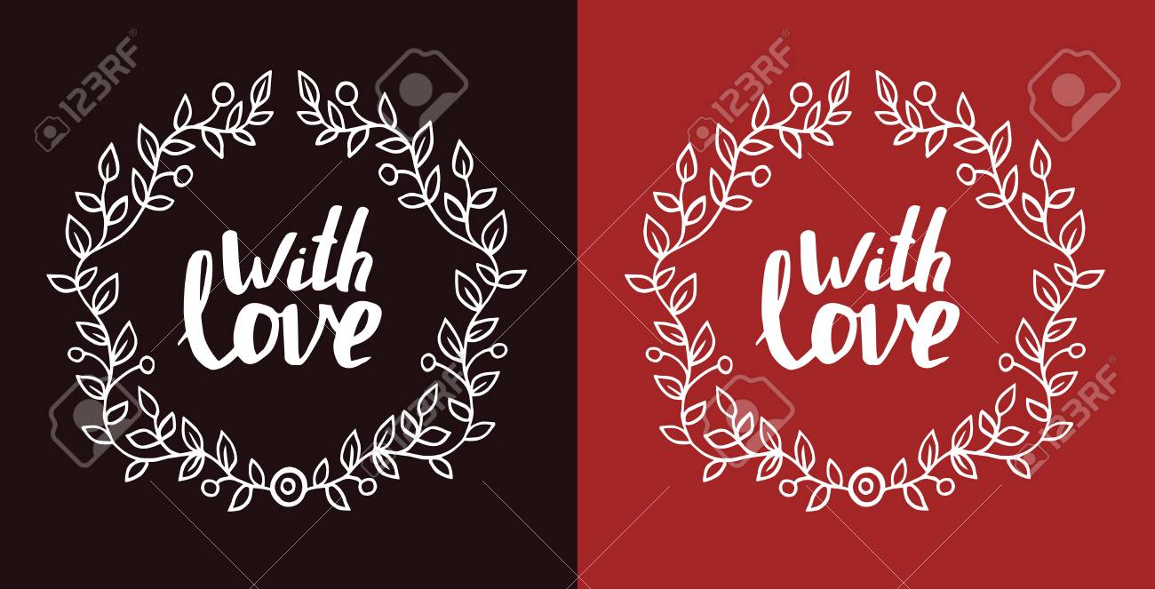 round frame of leaves with lettering words with love on dark stock