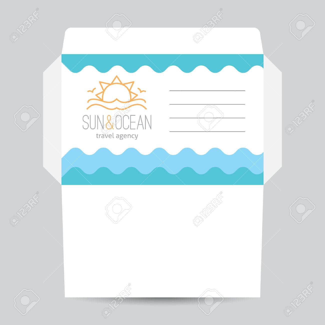 envelope template for travel agency sun waves and seagulls
