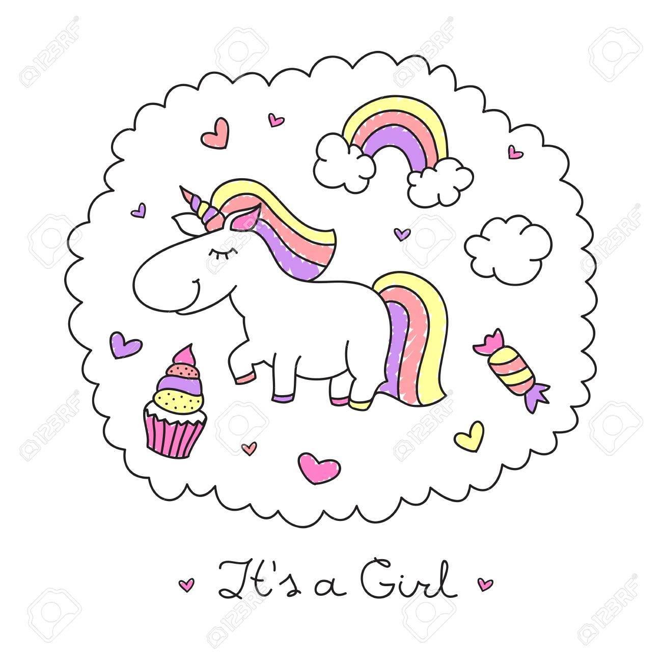 Dessin Anime Vecteur Licorne Mignon Avec Arc En Ciel Des Nuages Et Des Bonbons Bebe Carte De Douche Pour Fille Clip Art Libres De Droits Vecteurs Et Illustration Image