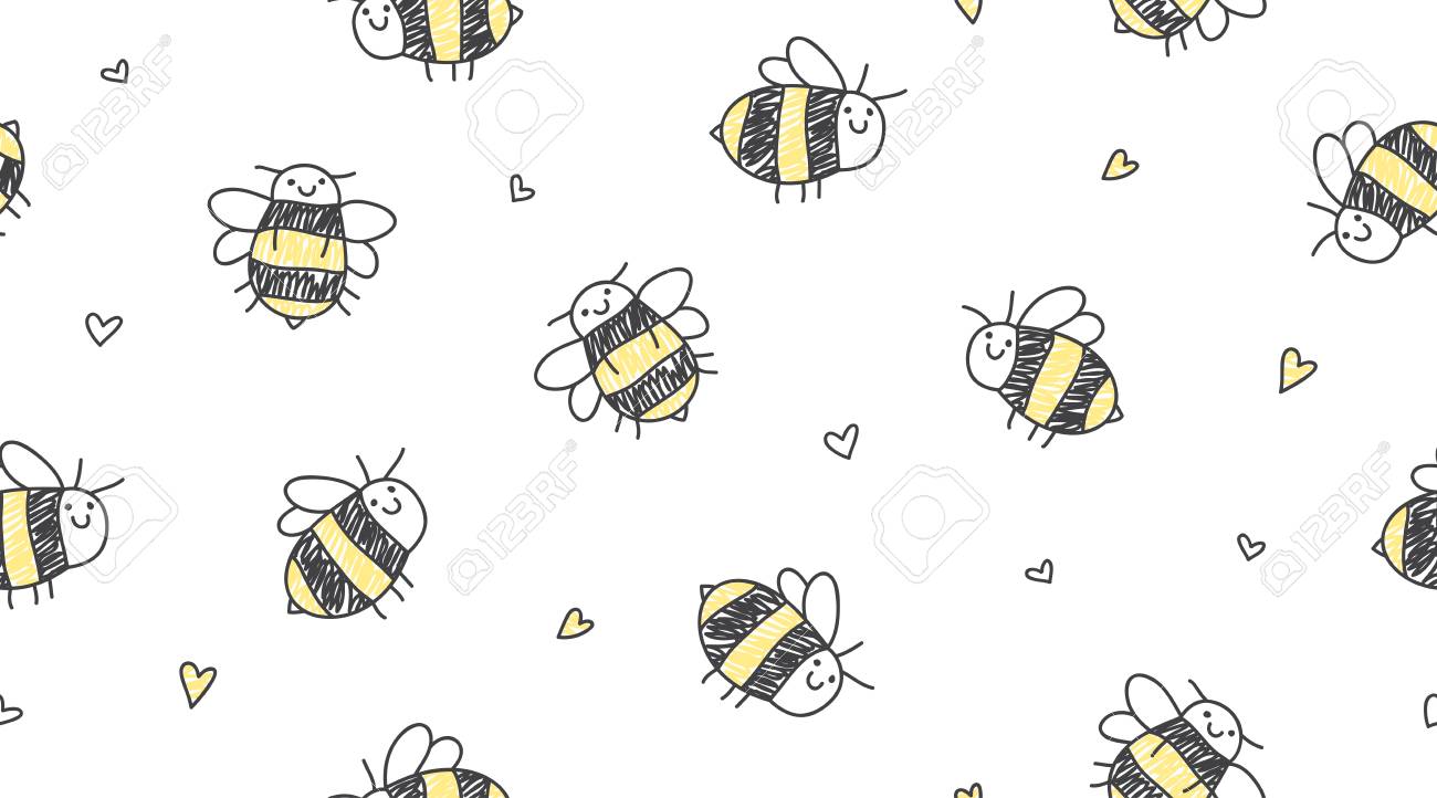 Cute Hand Drawn Seamless Pattern Of Bees And Hearts Royalty Free Cliparts Vectors And Stock Illustration Image