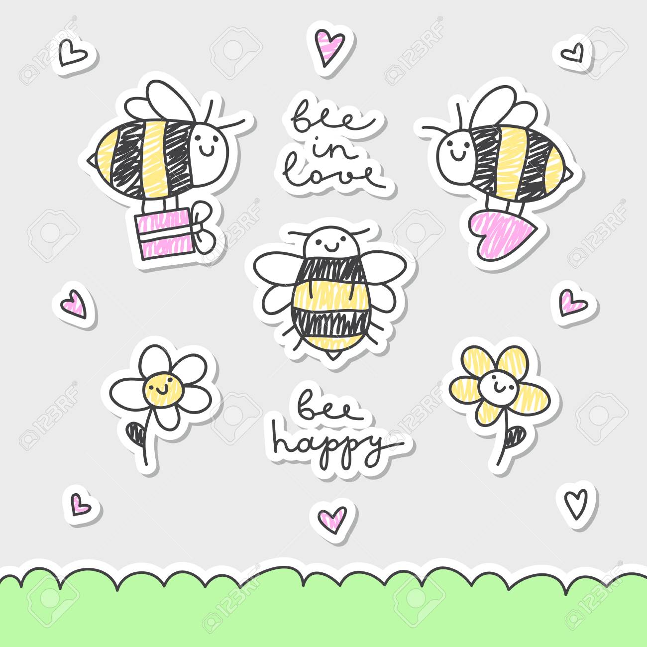 かわいい手描きのベクター ミツバチ 花 題字セット のイラスト素材 ベクタ Image かわいい手描きのベクター ミツバチ 花 題字セット のイラスト素材 ベクタ Image
