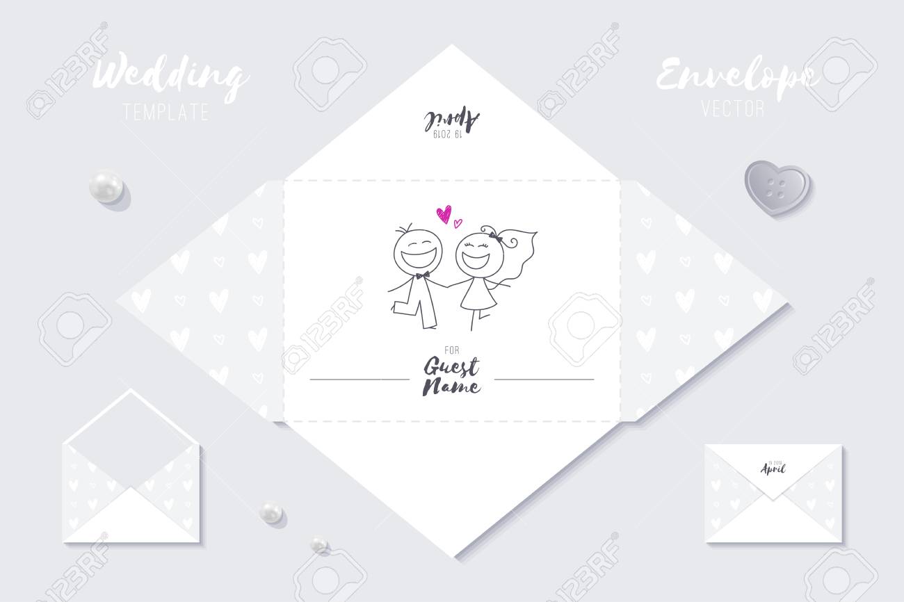wedding vector envelope template of cute cartoon bride and groom