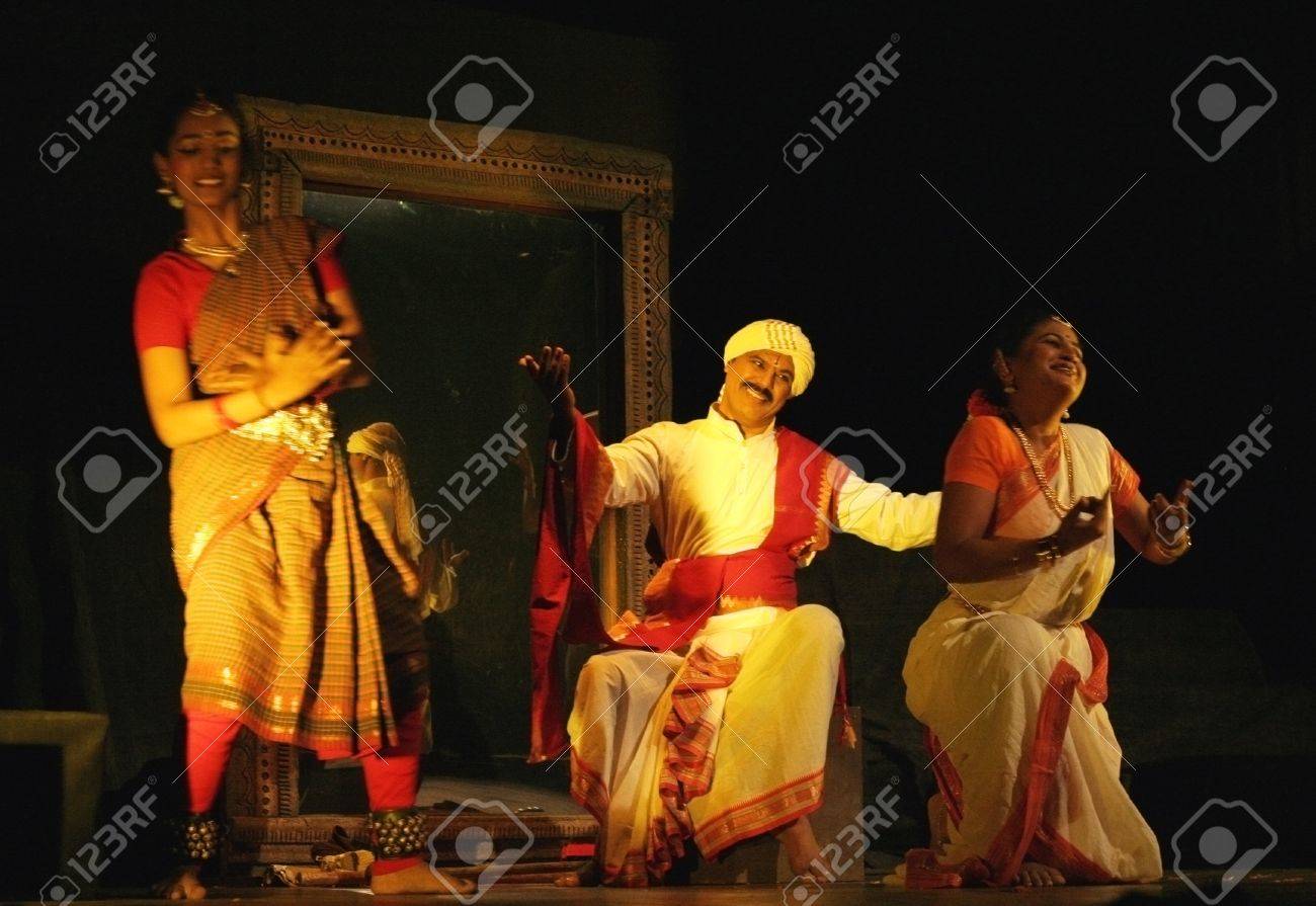 Hyderabad,AP,India-August 17,2012:Artists Performing Anabhigna Shakuntala,a  Kannada Play ,during Abhinaya National Theatre Festival ,male Dominating  Society Theme. Stock Photo, Picture and Royalty Free Image. Image 14938535.