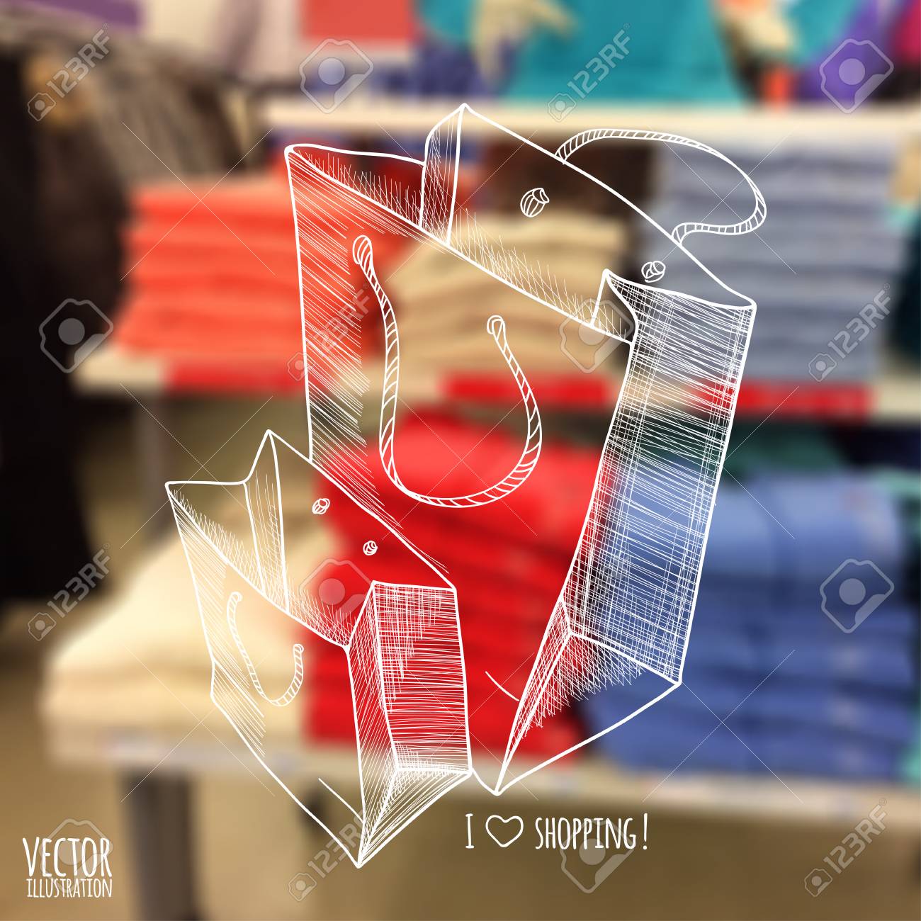 イラスト スケッチと背景をぼかした写真店 ショッピング バッグ 衣料品店 のイラスト素材 ベクタ Image
