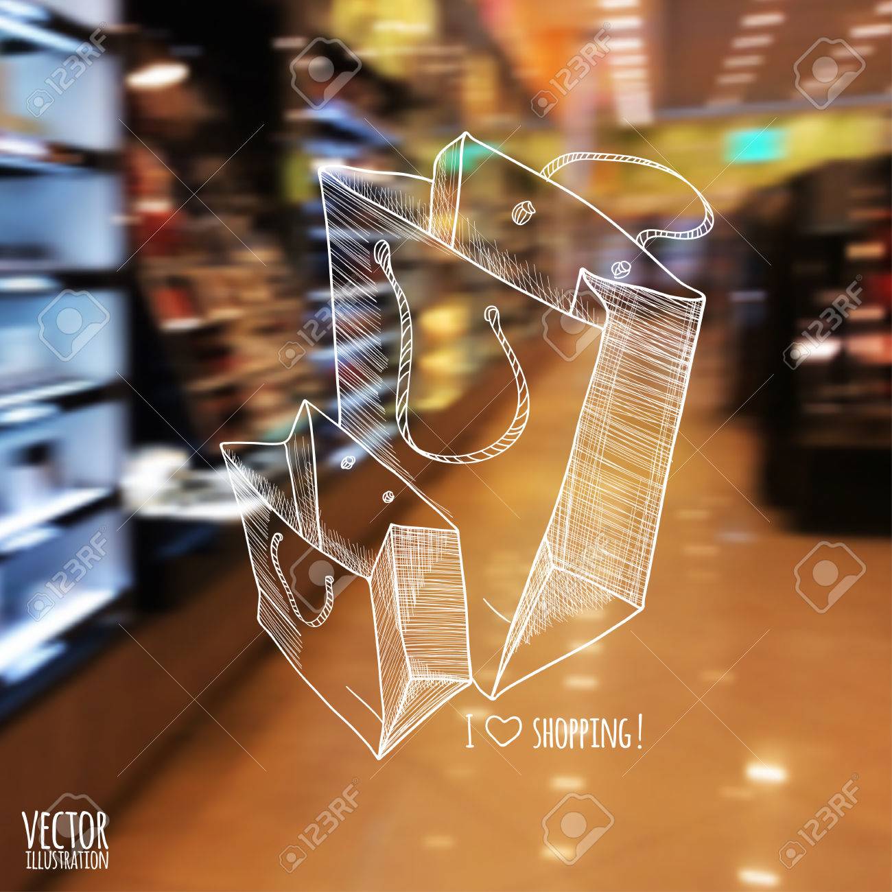 イラスト スケッチと背景をぼかした写真店 ショッピング バッグ のイラスト素材 ベクタ Image