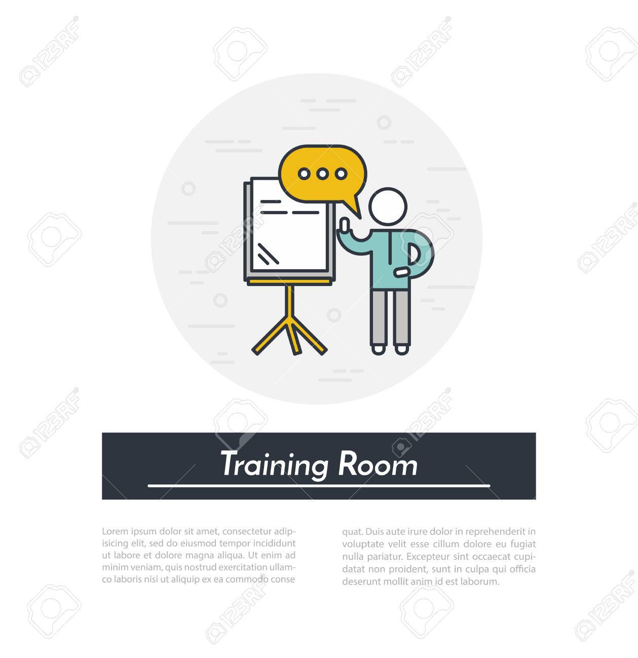 training room speaker stands near the presentation board in training presentation outline