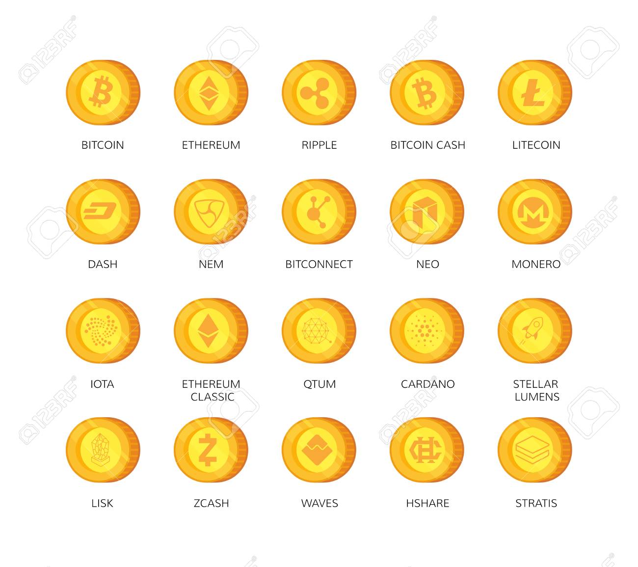 Cryptocurrency 아이콘의 벡터 집합입니다. 빠른 시가 총액으로 블록 코인 테크놀로지 암호 통화를 기반으로하는 비트 코인 관련  상위 20 개 징후 Bitcoin, Ethereum, Ripple, Litecoin, Dash, Nem, Bitconnect, Neo,  Monero, Iota 등 로열티