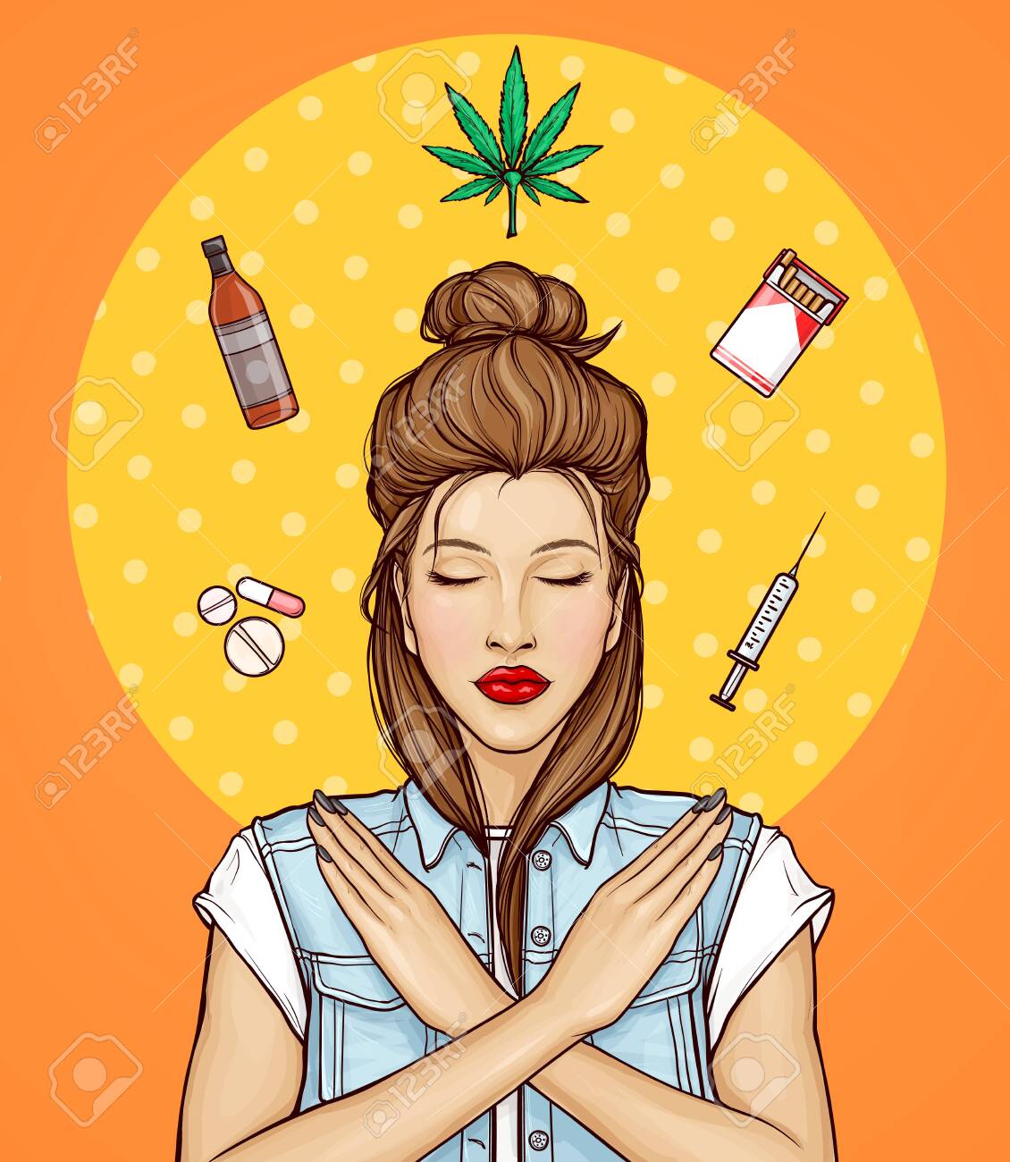 Illustrazione vettoriale di pop art di giovane ragazza con gli occhi chiusi contro cattive abitudini, stile di vita malsano. la donna che mostra il segno di stop con le mani, rifiuta di fumare, alcol, pillole e droghe. nessun concetto di abuso di droghe - 148214189 Illustrazione vettoriale di pop art di giovane ragazza con gli occhi chiusi contro cattive abitudini, stile di vita malsano. la donna che mostra il segno di stop con le mani, rifiuta di fumare, alcol, pillole e droghe. nessun concetto di abuso di droghe - 148214189