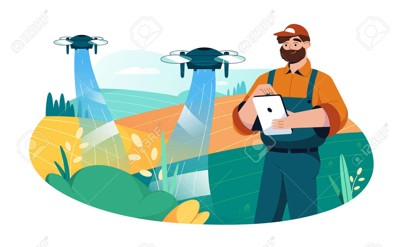 Płaski rolnik używa tabletu do sterowania dronem quadkoptera do automatyzacji nawadniania pól uprawnych. inteligentne rolnictwo i innowacyjna technologia w rolnictwie. przemysł rolniczy, koncepcja nawozu w sprayu. - 179185494 Płaski rolnik używa tabletu do sterowania dronem quadkoptera do automatyzacji nawadniania pól uprawnych. inteligentne rolnictwo i innowacyjna technologia w rolnictwie. przemysł rolniczy, koncepcja nawozu w sprayu. - 179185494