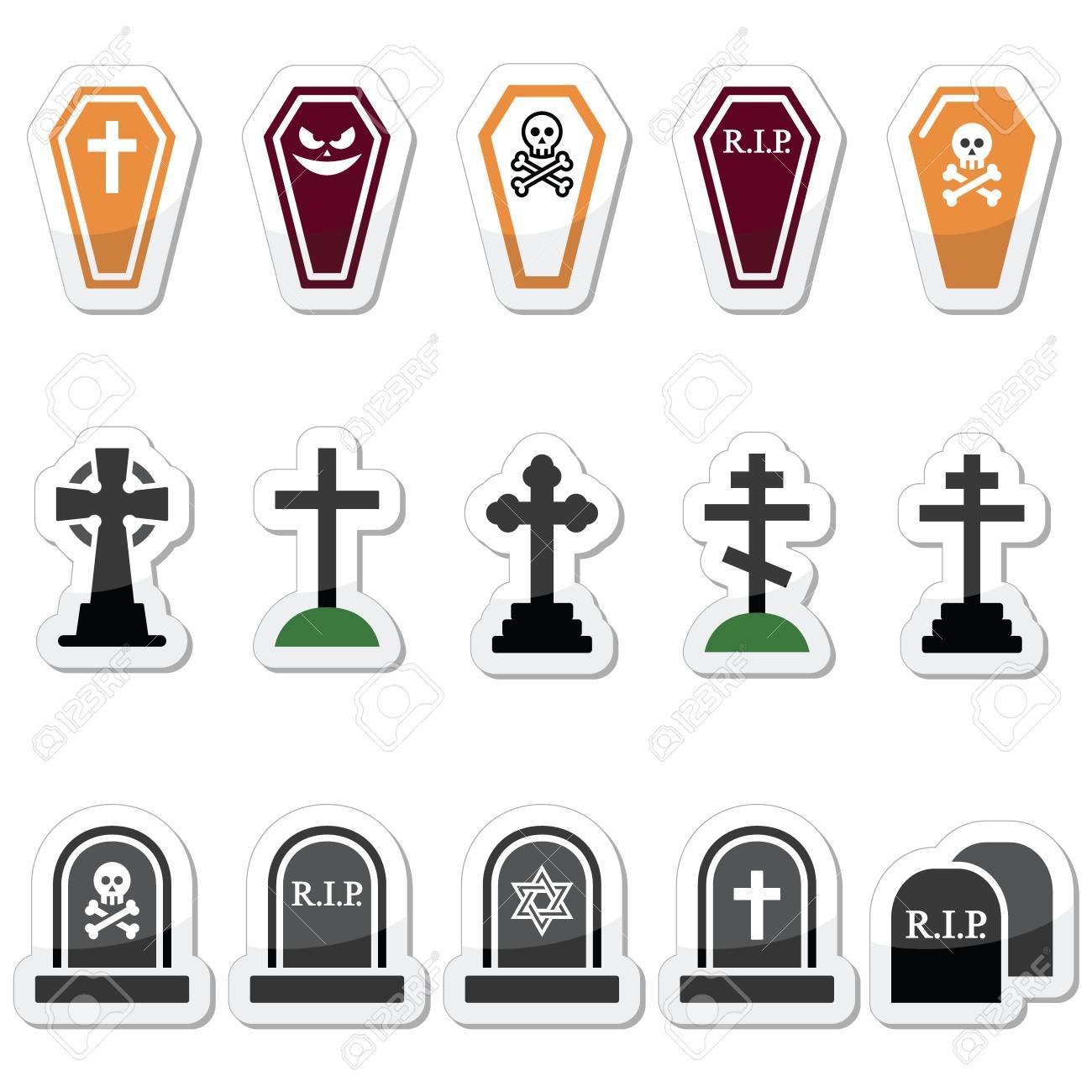 ハロウィーンは 墓地のアイコンを設定 棺墓クロスのイラスト素材 ベクタ Image