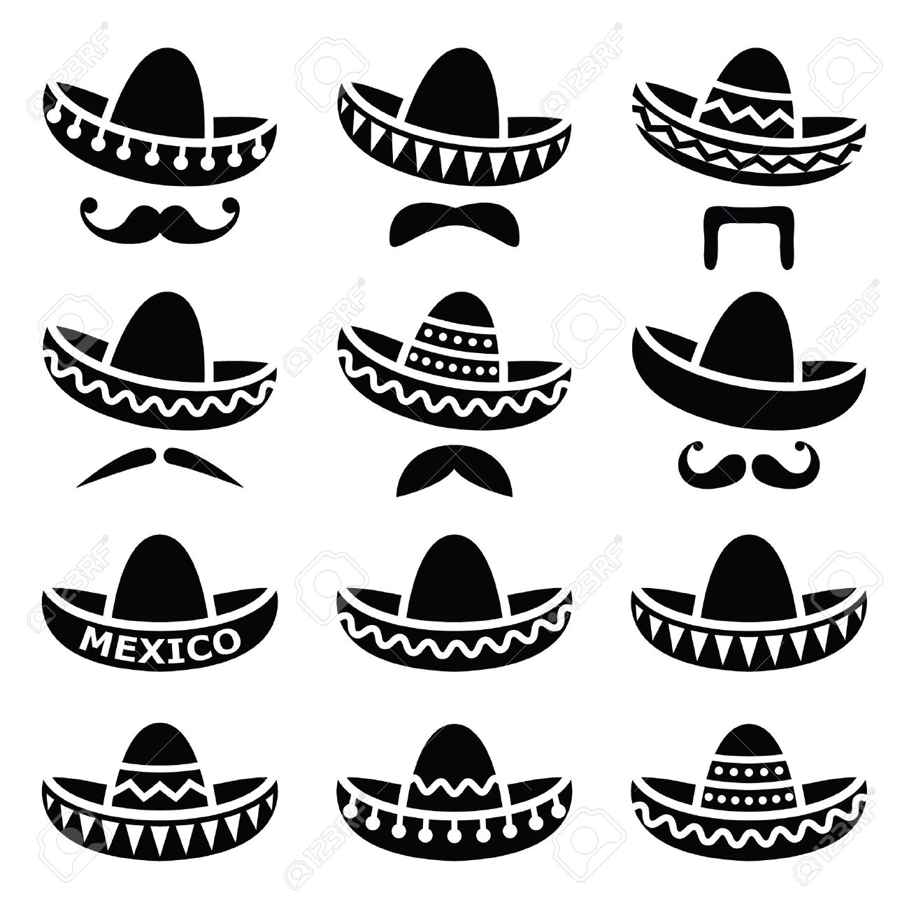 Mexican Sombrero Hat With Moustache Or Mustache Icons Royalty Free SVG,  Cliparts, Vectors, and Stock Illustration. Image 33491439., image size:1300x1300
