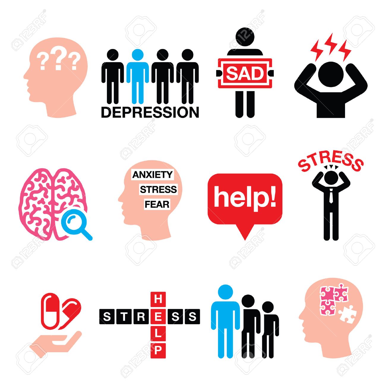 depression stress icons set