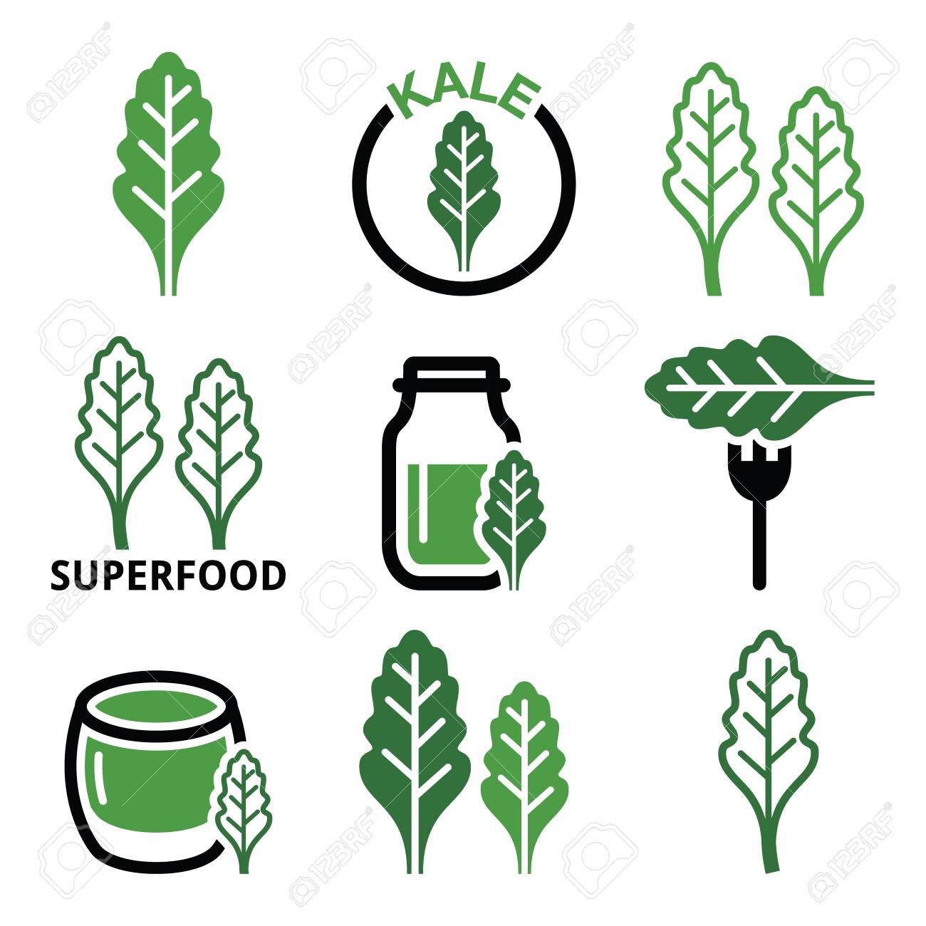 Superfood - kale leaves green icons set - 59597332 Superfood - kale leaves green icons set - 59597332