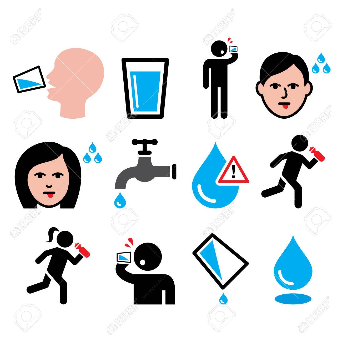 thirsty man dry mouth thirst people drinking water icons set