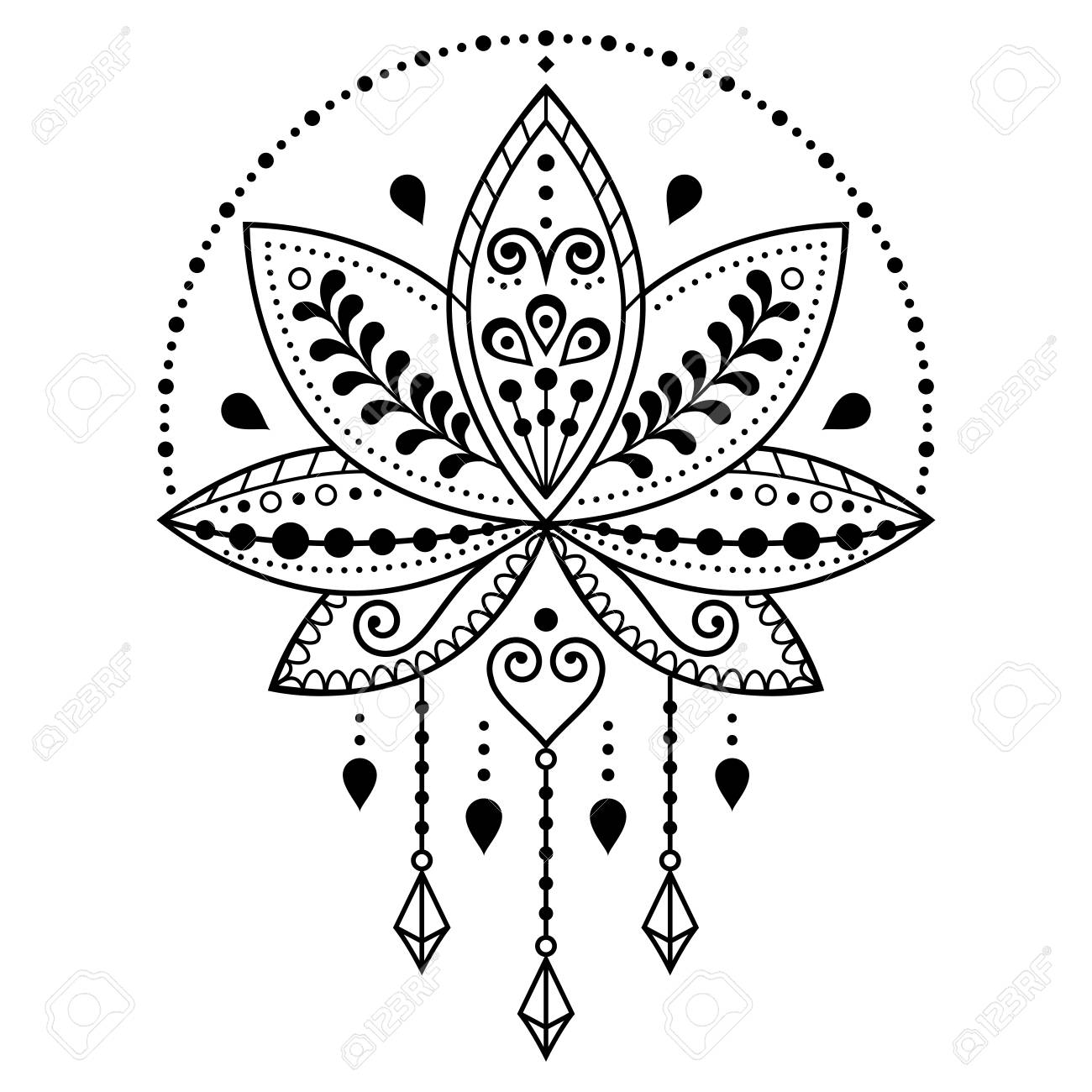 Indian Lotus Flower Vector Pattern, Mehndi Henna Tattoo Style, Yoga Or Zen  Decoration, Bohemian Greeting Card Royalty Free SVG, Cliparts, Vectors, and  Stock Illustration. Image 118831206., image size:1300x1300