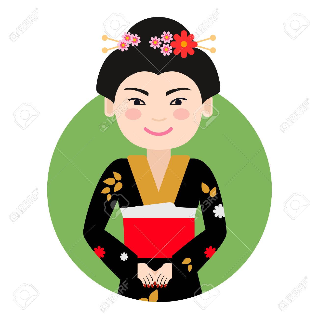 女性キャラクター 黒い着物を着た笑顔のアジア女性の肖像画のイラスト素材 ベクタ Image 47875977