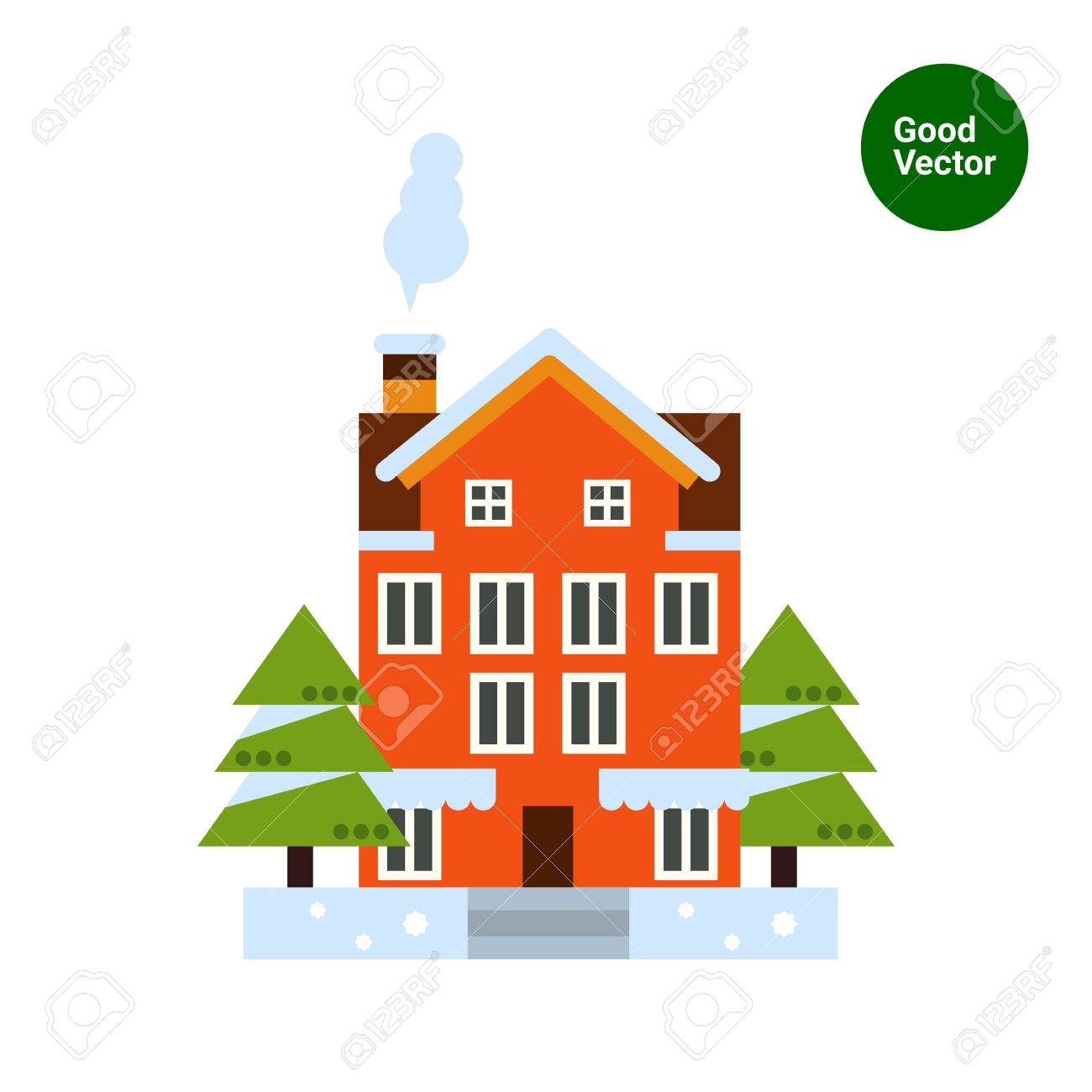 赤の 4 階建ての家と 2 つのモミの木の色とりどりのベクトルのアイコン のイラスト素材 ベクタ Image