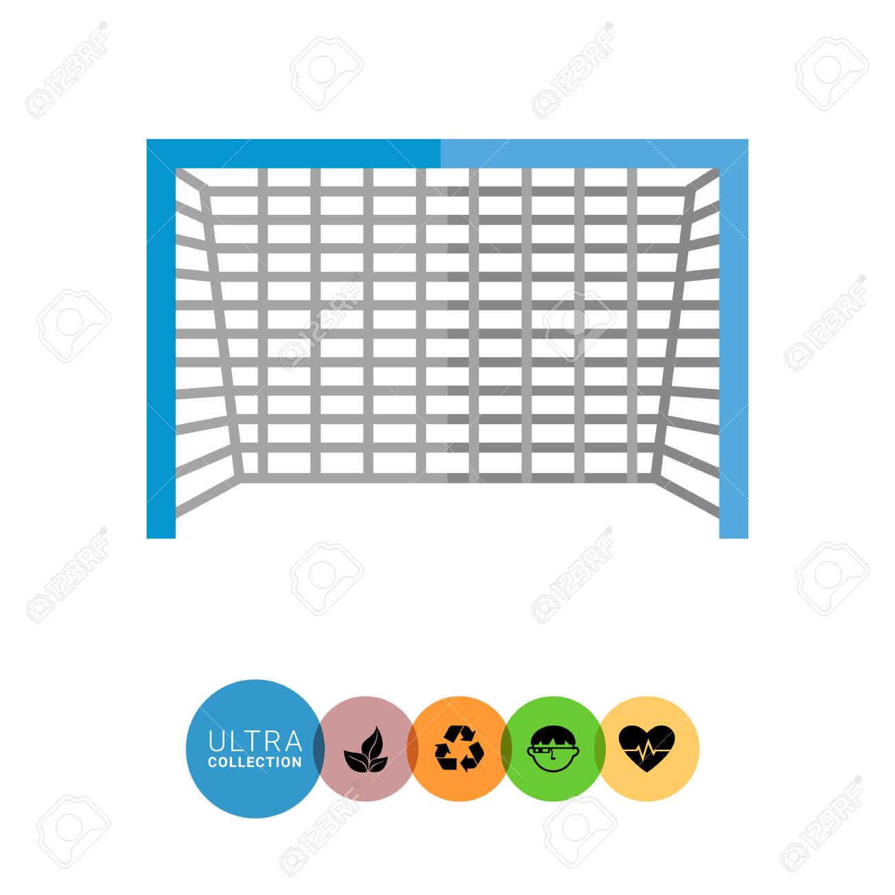 multicolored flat icon of soccer goal with blue frame and grey