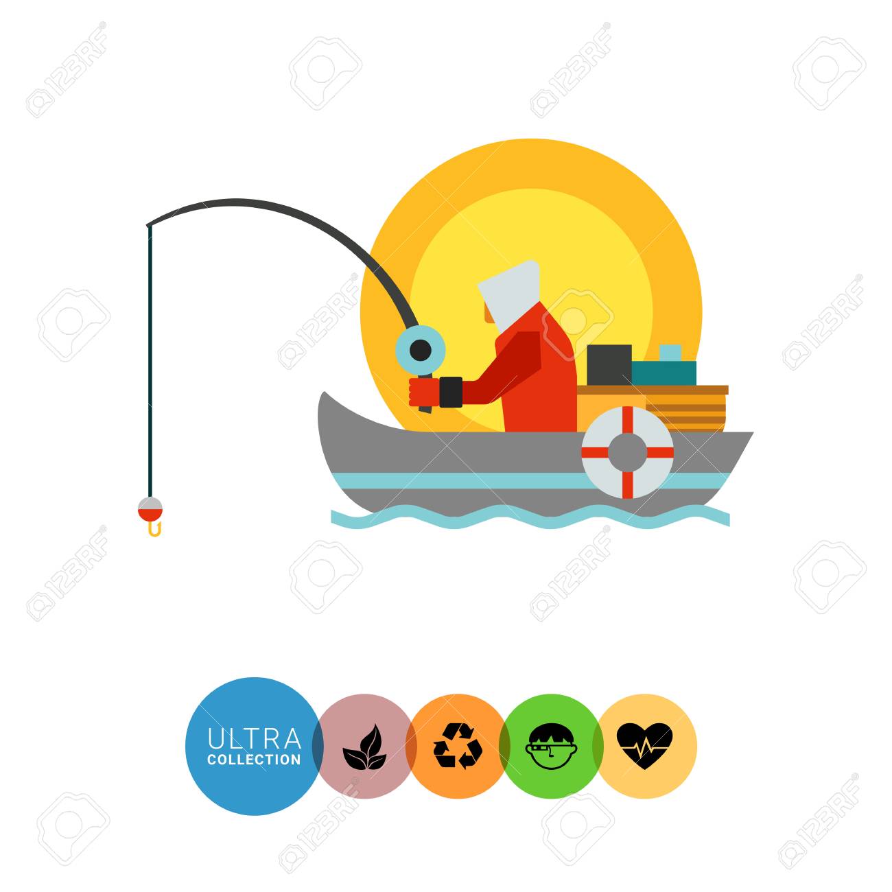 夏の釣りのアイコン ボートの釣り竿を持つ漁師の色とりどりのベクトル イラスト のイラスト素材 ベクタ Image