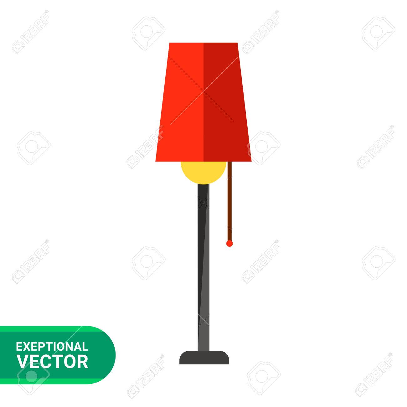 Multicolored Vector Icon Of Floor Lamp With Red Lampshade Royalty