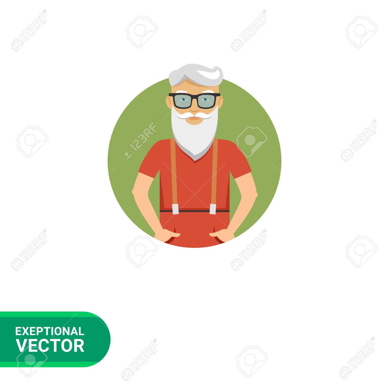 男性キャラクターは 髭 眼鏡立っている年配の男性の肖像画は ポケットに手します のイラスト素材 ベクタ Image