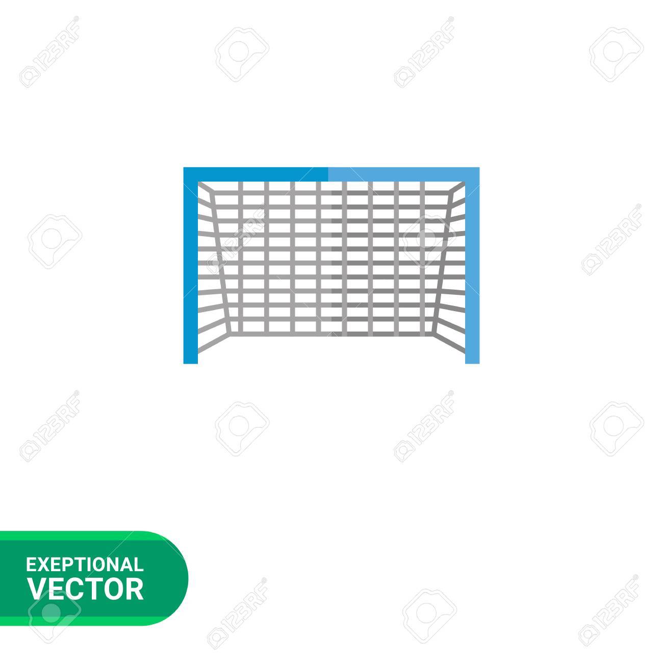 multicolored flat icon of soccer goal with blue frame and grey