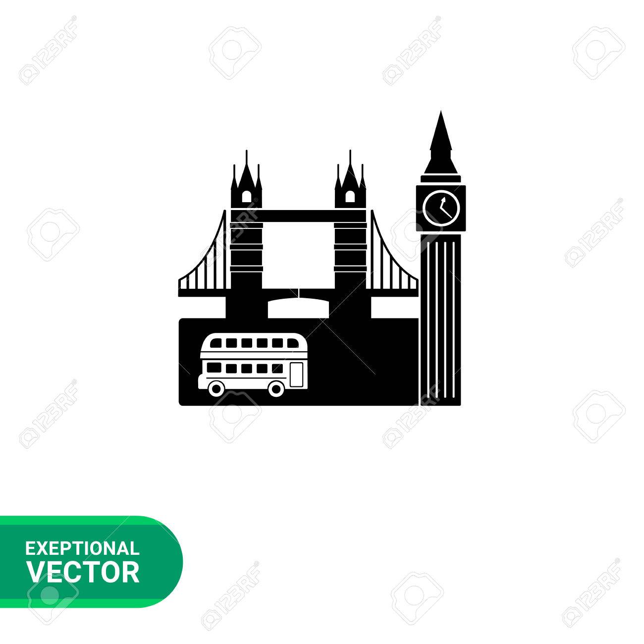 二階建て ビッグベン タワー ブリッジとロンドンのビューのモノクロのベクトルのアイコンのイラスト素材 ベクタ Image