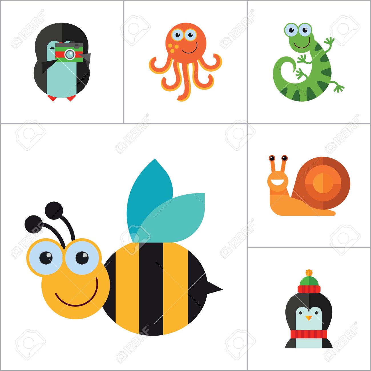 面白い動物アイコンを設定 猿顔面白い蜂バット タコ カタツムリ ペンギン カメラ面白いトカゲ漫画ハリネズミかわいいキツネ小枝に花ペンギン ビーバーとムースとハート風船ペンギンと のイラスト素材 ベクタ Image