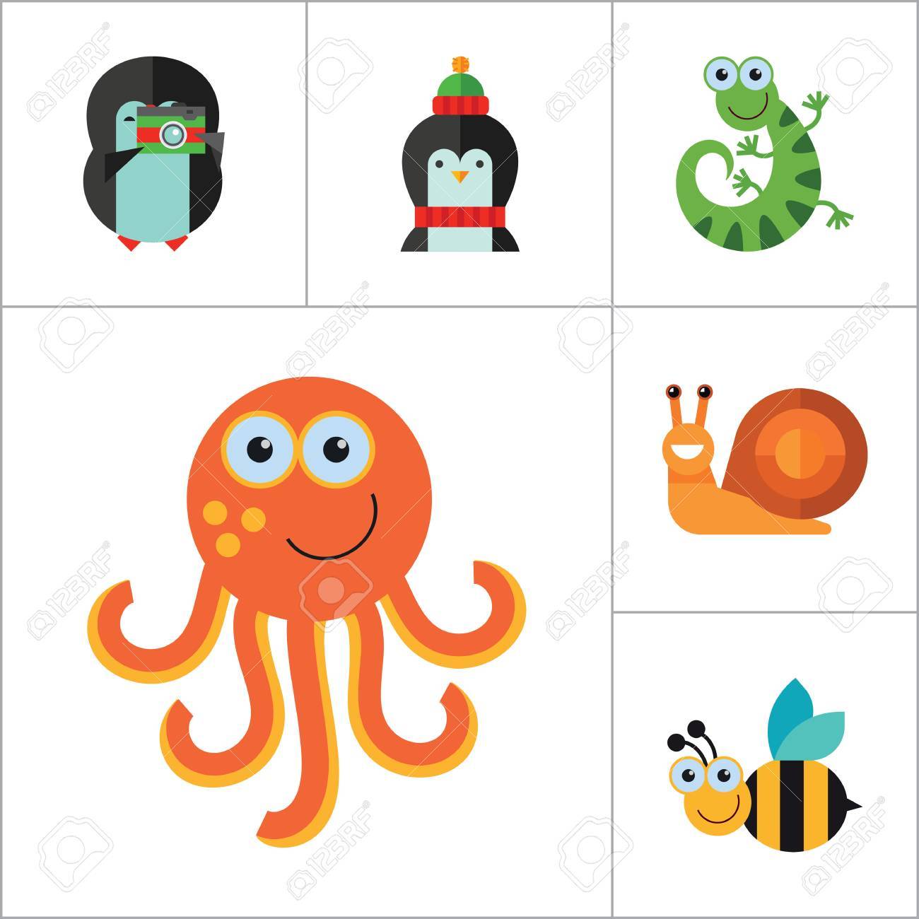 面白い動物アイコンを設定 猿顔面白い蜂バット タコ カタツムリ ペンギン カメラ面白いトカゲ漫画ハリネズミかわいいキツネ小枝に花ペンギン ビーバーとムースとハート風船ペンギンと のイラスト素材 ベクタ Image
