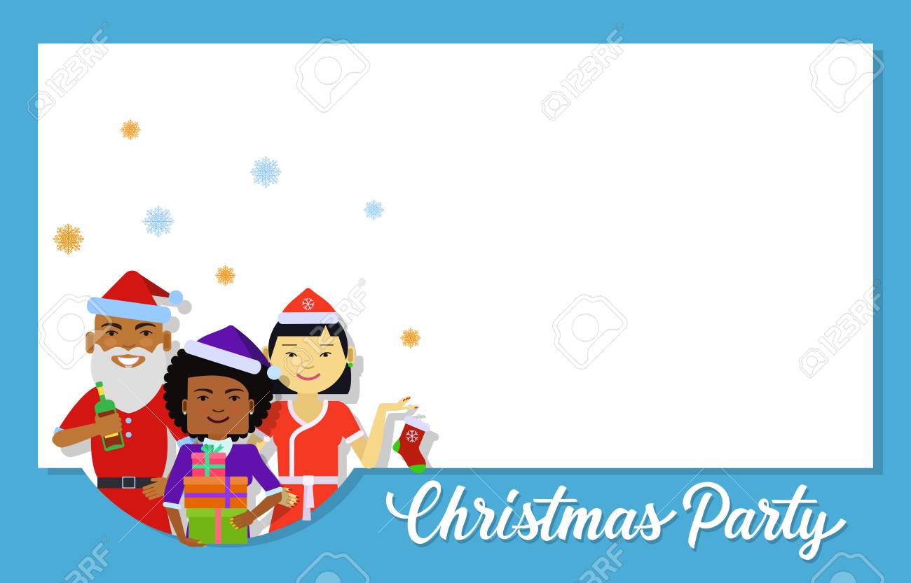 Christmas Invitation Card Design. Christmas Party Lettering With Characters  Wearing Santa Claus And Snow Maiden Costumes. Blank Template Can Be Used  For Postcards, Invitation Cards, Posters Royalty Free SVG, Cliparts,  Vectors, And