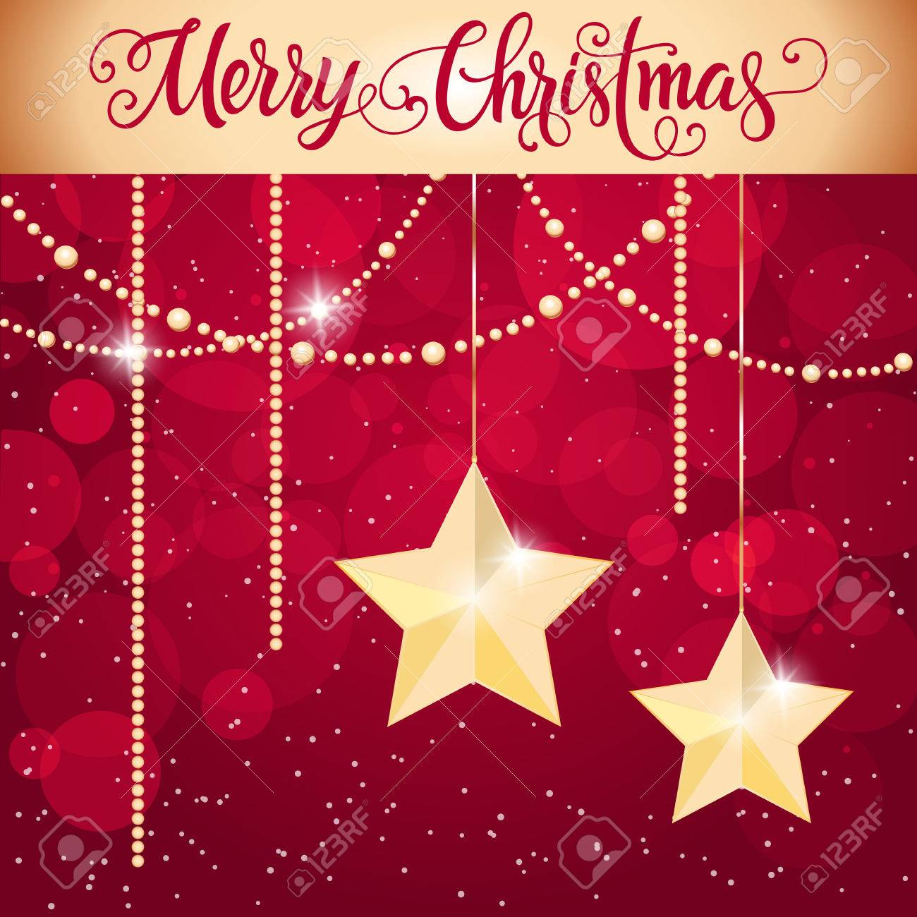 バンドにメリー クリスマスの文字 星と花輪をぶら下げクリスマス グリーティング カード 手書きの文字は 書道 グリーティング カード ポスター チラシ パンフレットののイラスト素材 ベクタ Image