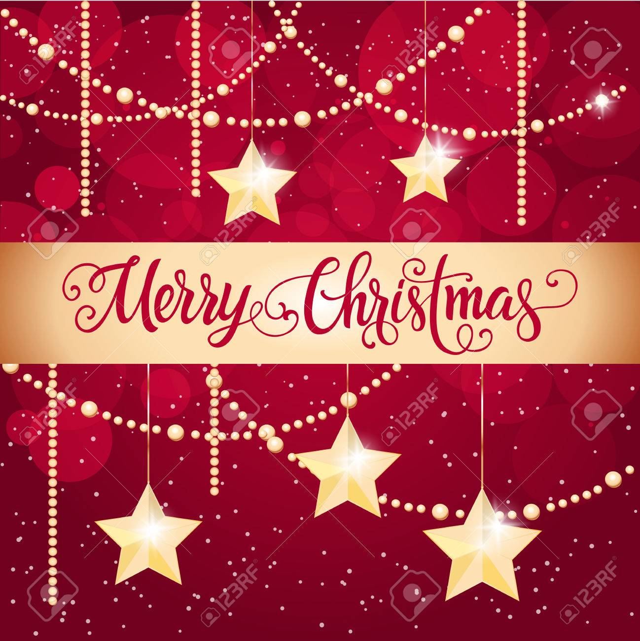 バンドにメリー クリスマスの文字 星と花輪をぶら下げクリスマス グリーティング カード 手書きの文字は 書道 グリーティング カード ポスター チラシ パンフレットののイラスト素材 ベクタ Image