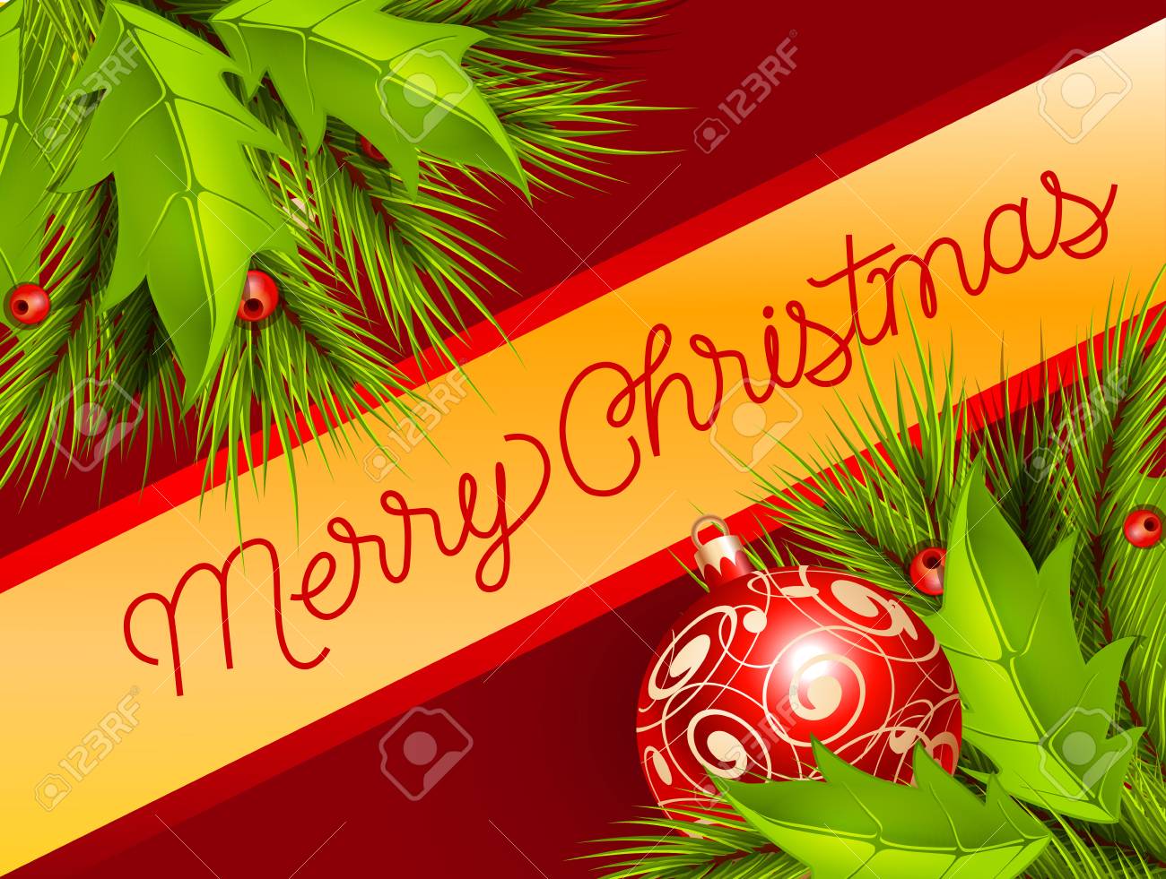 バンドにメリー クリスマスの文字 モミの木の小枝とヤドリギ クリスマス グリーティング カード 手書きの文字は 書道 グリーティング カード ポスター チラシ パンフレットののイラスト素材 ベクタ Image