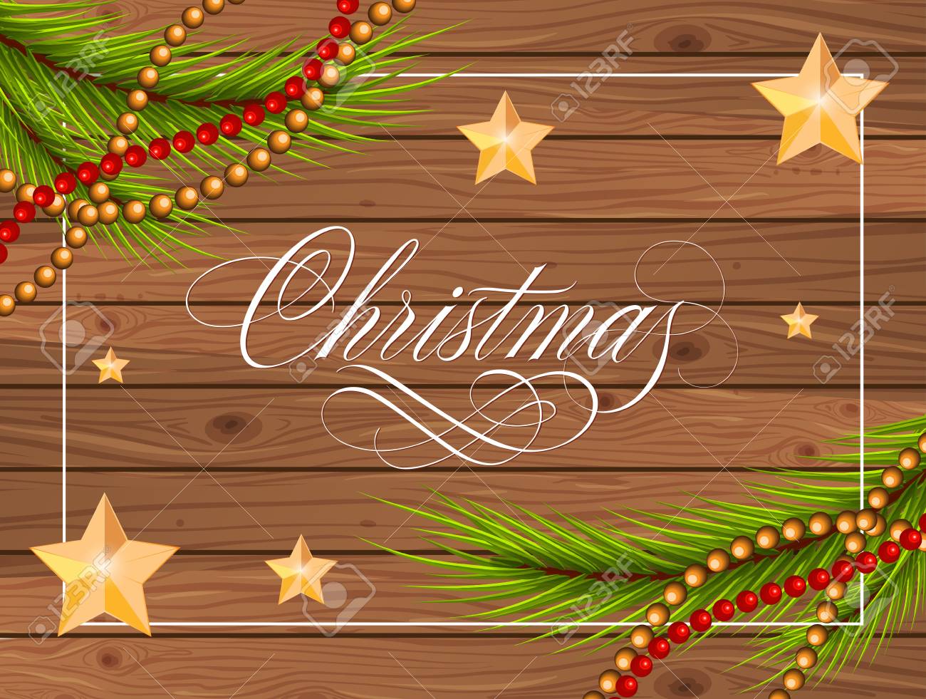 木の板にクリスマスの文字 モミの木の小枝 ビーズ花輪星とクリスマスのグリーティング カード 手書きの文字は 書道 グリーティング カード ポスター チラシ パンフレットののイラスト素材 ベクタ Image