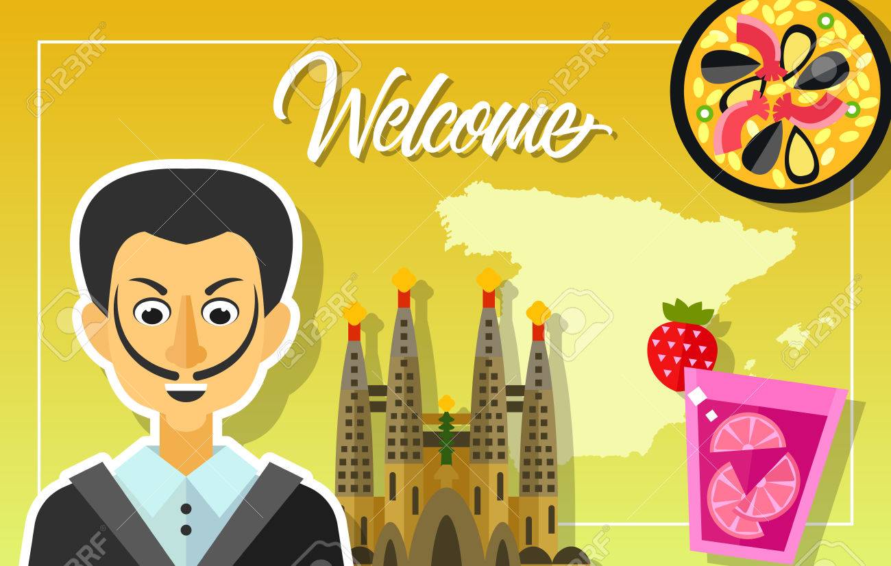 レタリングを歓迎します スペイン パエリア サングリア ドリンク サグラダ ファミリア教会 サルバドール ダリの肖像画の概要 手書きのテキスト グリーティング カード ポスター チラシ バナーのためのカリグラフィーのイラスト素材 ベクタ Image