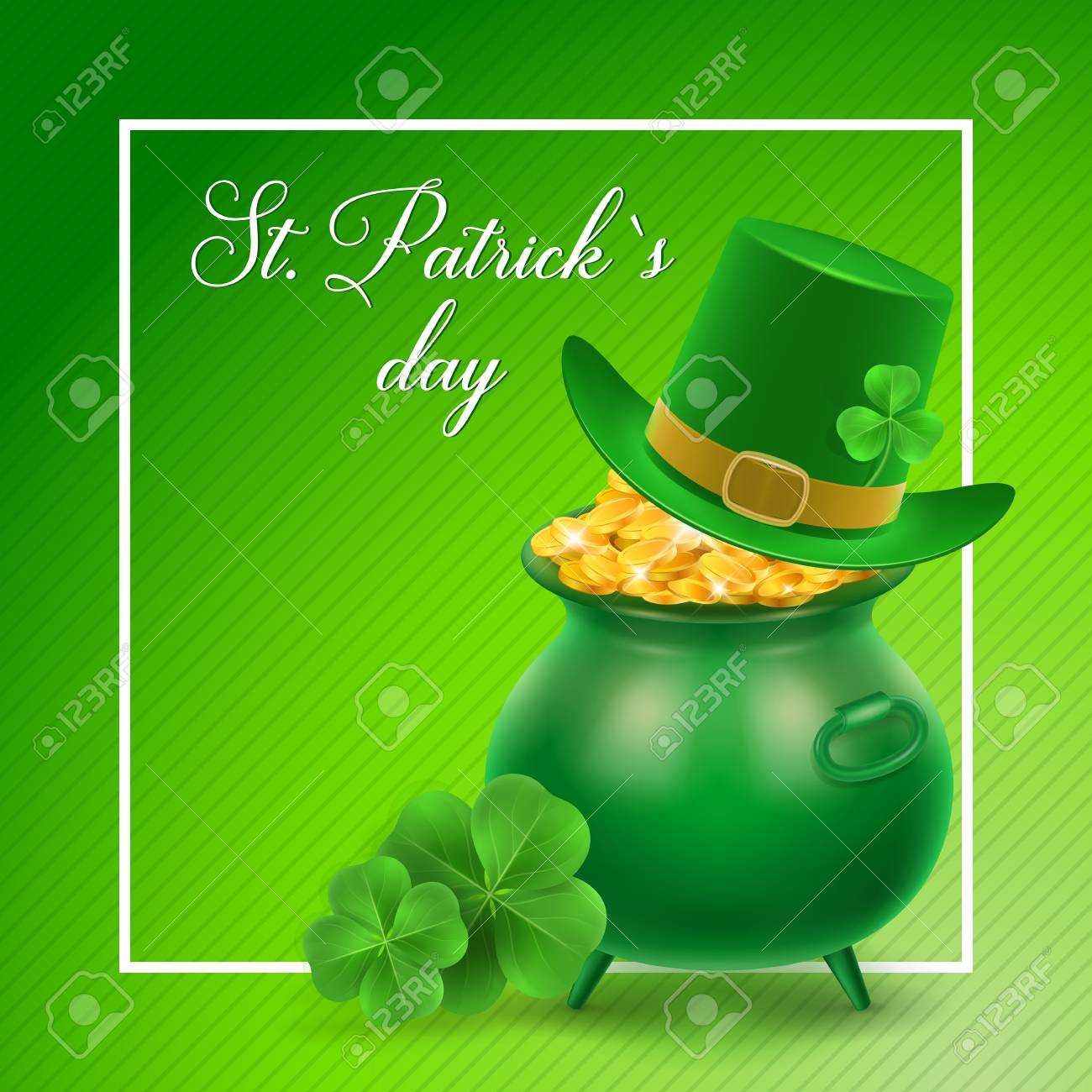 コイン、レプラコーンの帽子、クローバー セントパトリックスデイ緑の背景にレタリングと緑の大釜。聖パトリックは、アイルランドの休日。グリーティング  カード、チラシ、ポスターに使用できます。のイラスト素材・ベクター Image 71779558
