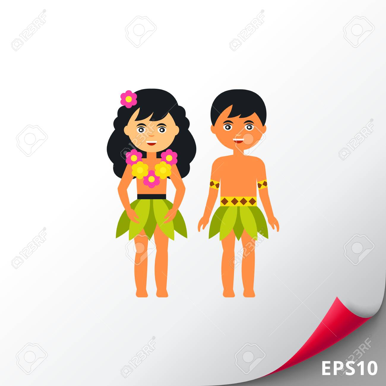 パーム スカート ハワイ男性と女性キャラクターのベクター アイコン ハワイの人々 ネイティブの文化 ハワイアンの伝統的な衣装 ハワイのコンセプトです 旅行 文化 地理学のようなトピックに使用することができます のイラスト素材 ベクタ Image