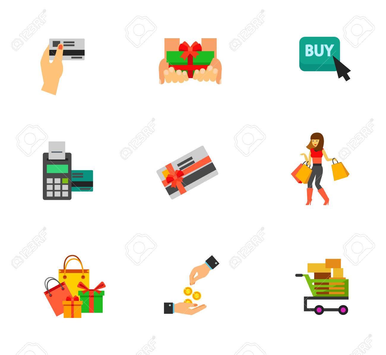 ショッピングのアイコンを設定します 割引カード両手無料ギフト購入するアクション キャッシュレス ギフトカード リボン女性お買いものバッグや買い物カゴにお金を与える贈り物 のイラスト素材 ベクタ Image