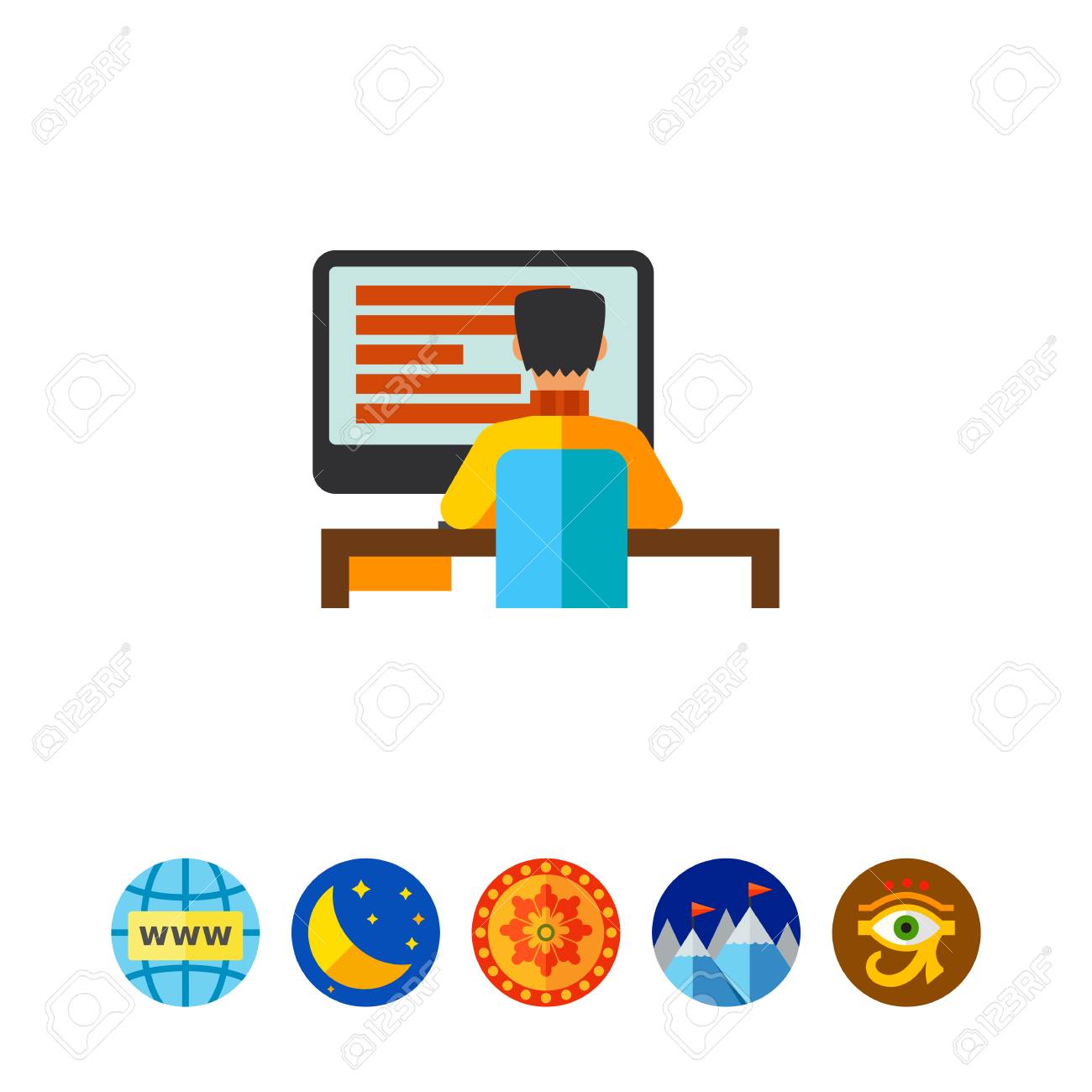 デスクトップのコンピュータ アイコンで作業する人のイラスト素材 ベクタ Image