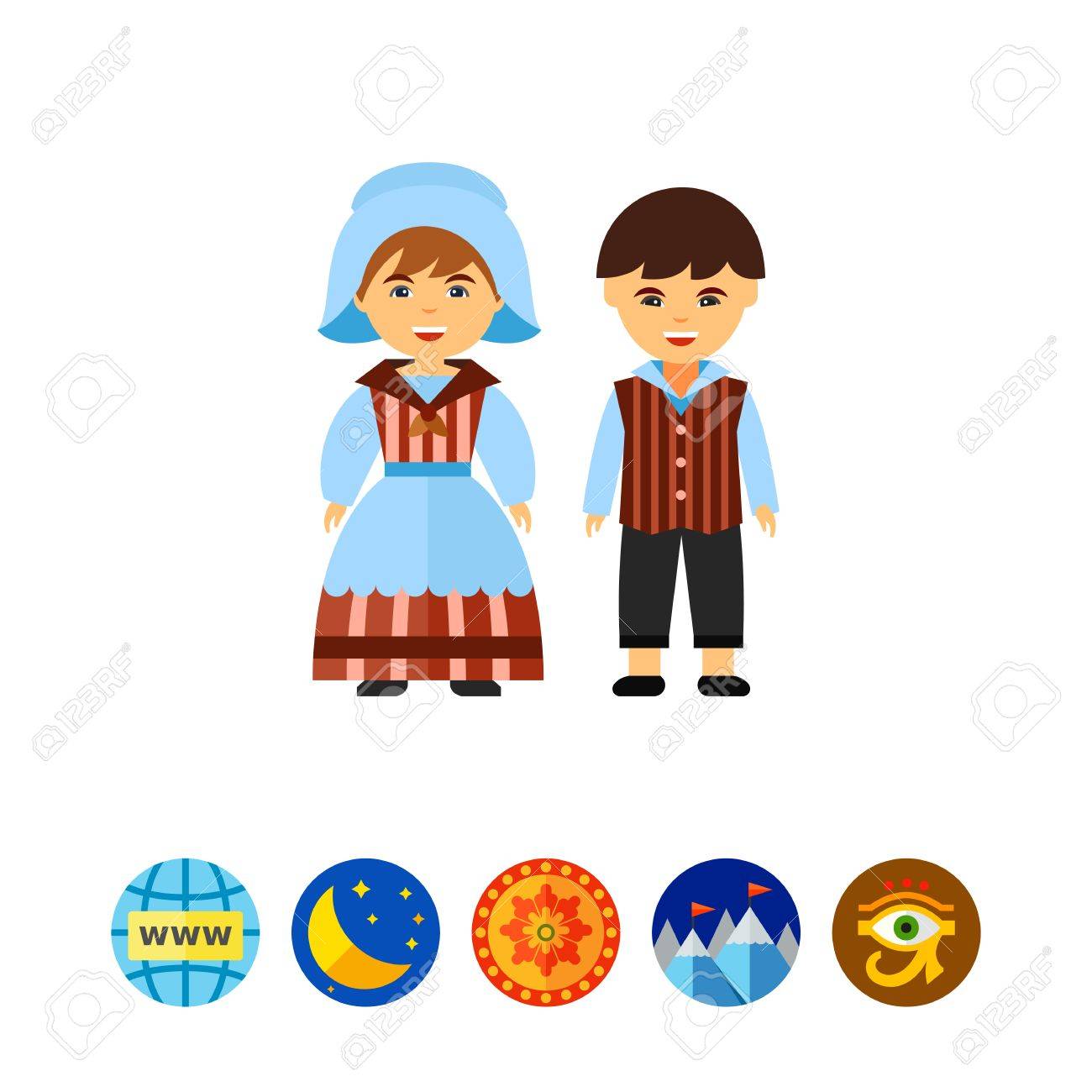 民族衣装でベルギー人の陽気なカップルのアイコン ベルギーの伝統の服のネイティブの人々 ベルギー文化の概念 ファッション 衣装やスタイルのようなトピックに使用できます のイラスト素材 ベクタ Image