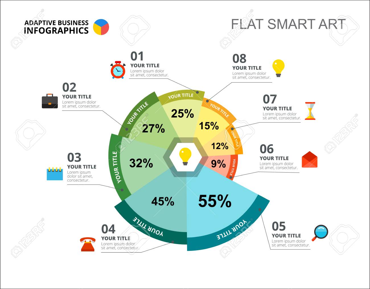 Eight options percentage chart slide template. Business data. Idea, project, design. Creative concept for infographic, report. Can be used for topics like management, marketing, research. - 94130747 Eight options percentage chart slide template. Business data. Idea, project, design. Creative concept for infographic, report. Can be used for topics like management, marketing, research. - 94130747