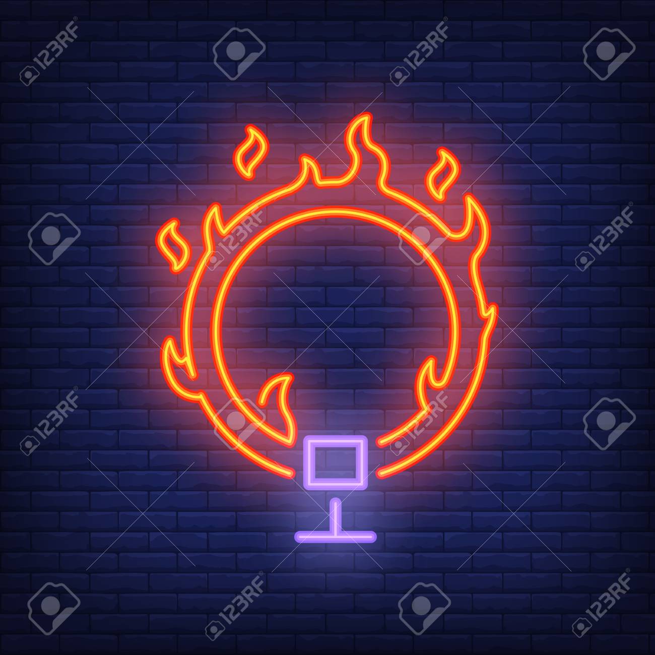 ring on fire neon icon circus flaming hoop on dark brick wall