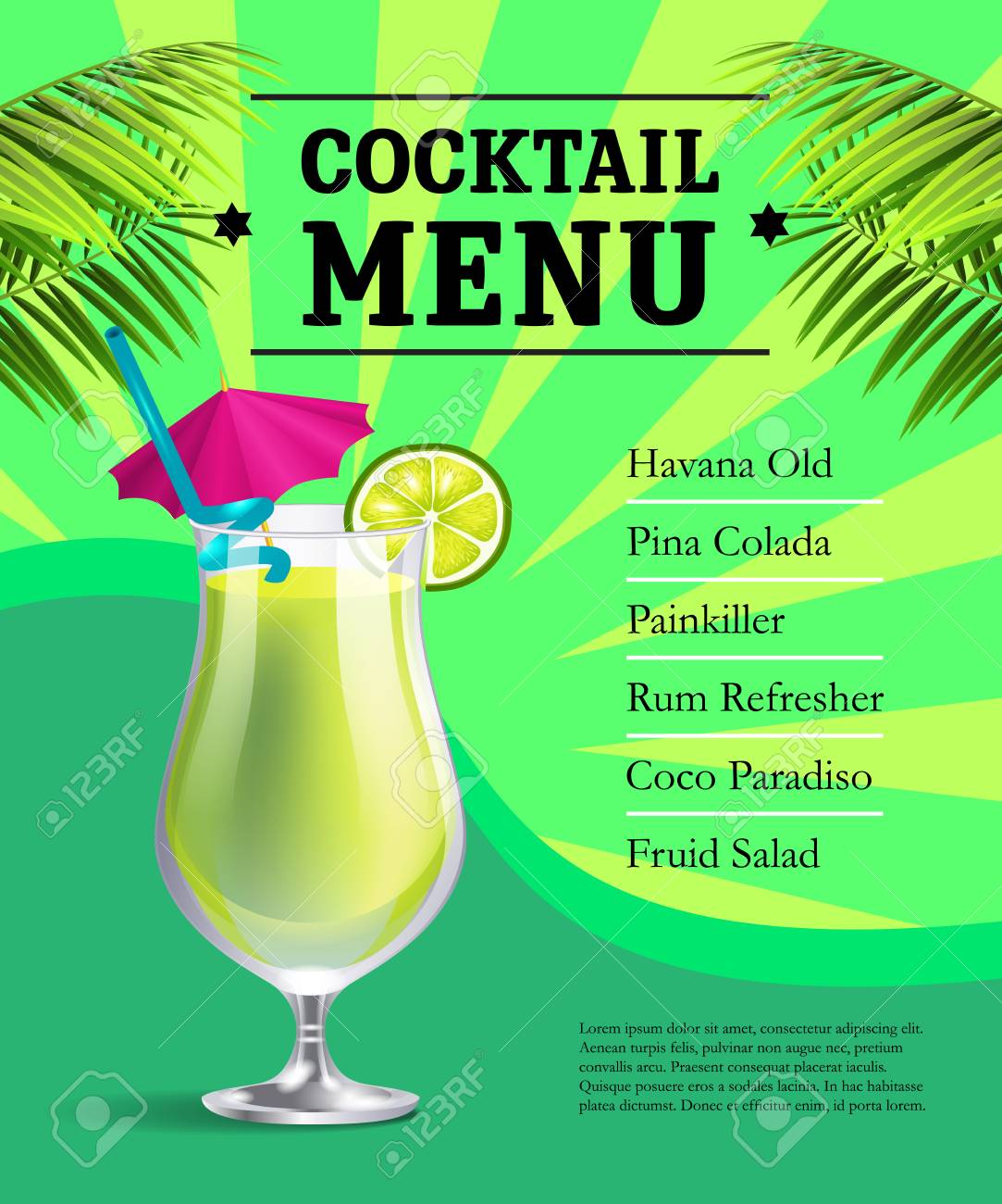 cocktail menu poster template design glass with drink and lime lime green posters