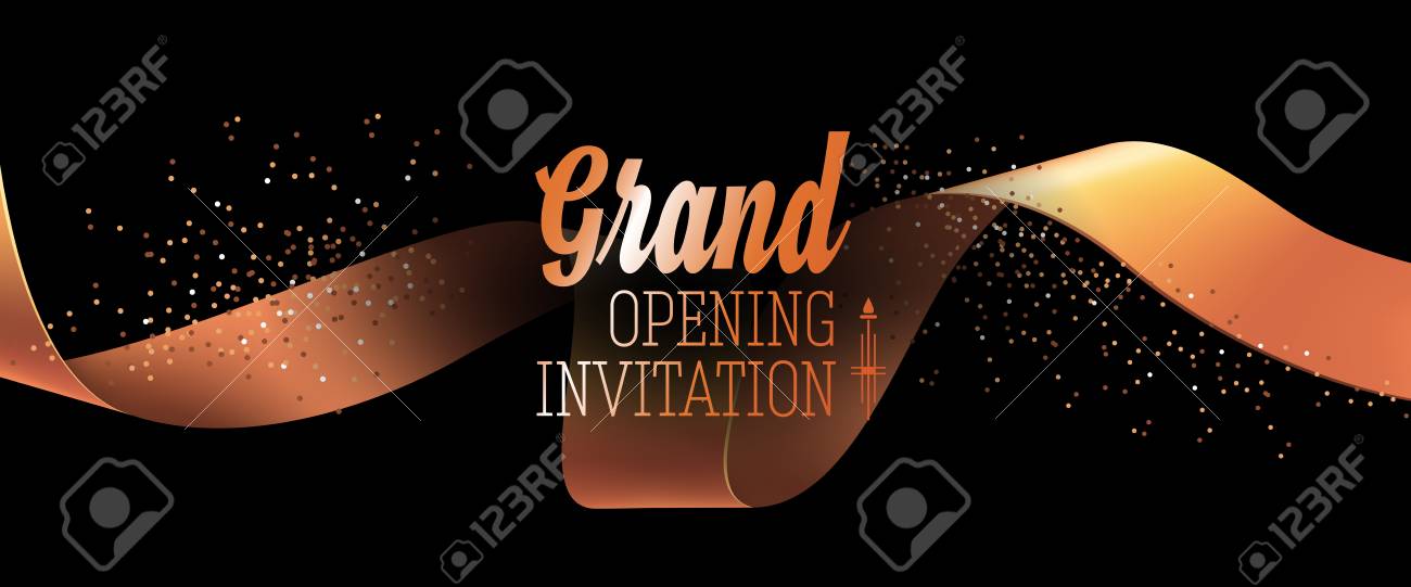 grand opening black invitation card design with gold ribbon and grand invitation card design