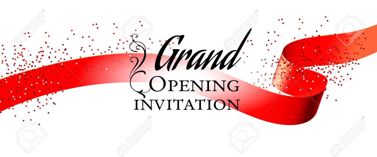 grand opening white invitation card design with red ribbon and invitation ribbon