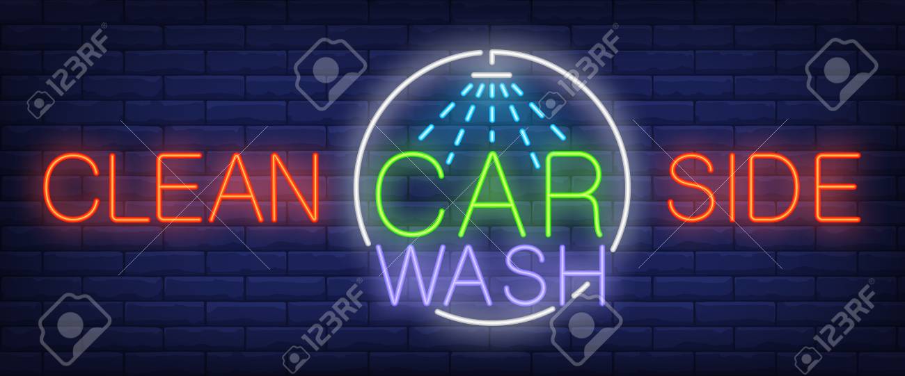 clean side carwash neon text with shower transport and car