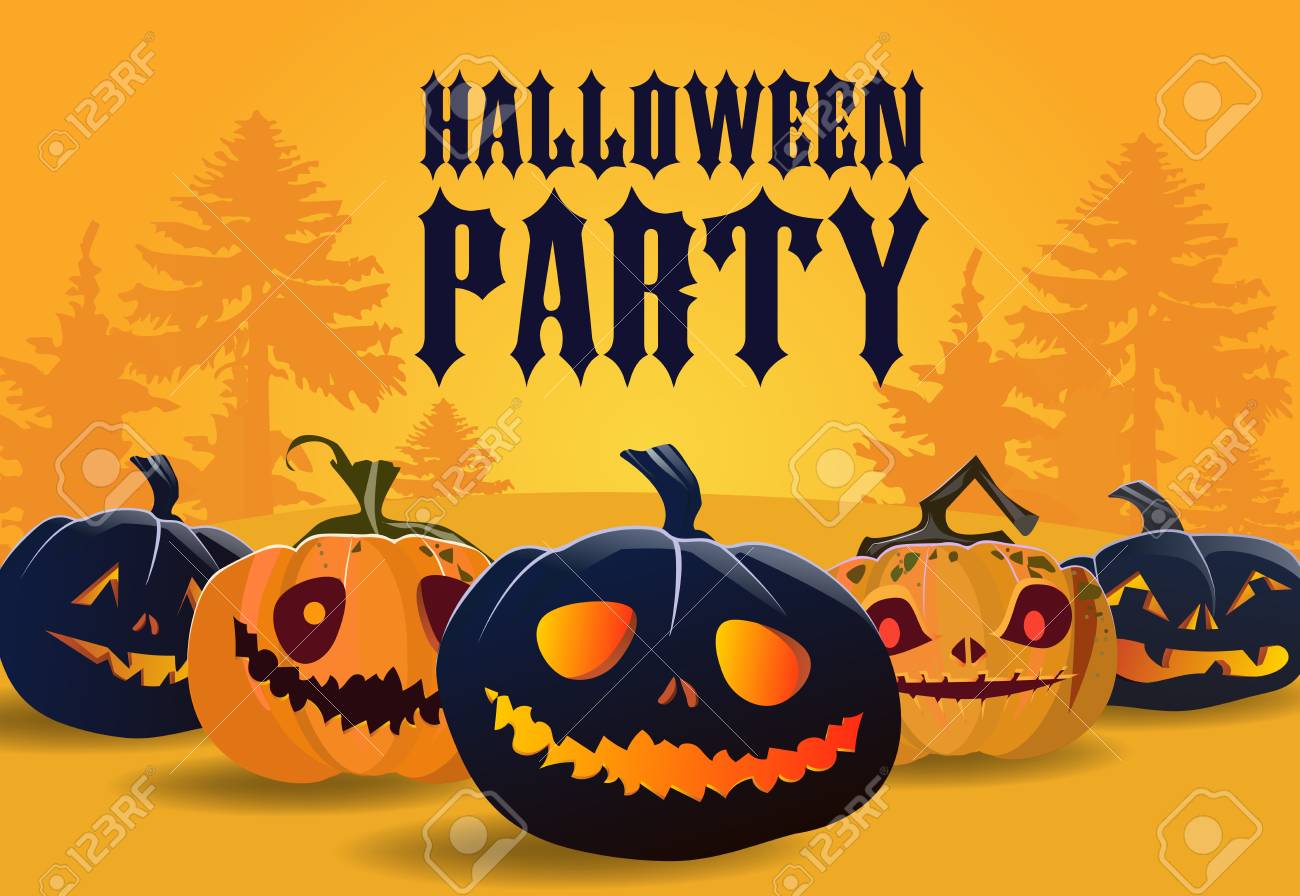 Banner de festa de halloween com cara de abóbora assustadora vermelha  isolada em png ou espaço de fundo branco transparente para modelo de venda  de texto ilustração em vetor cartaz