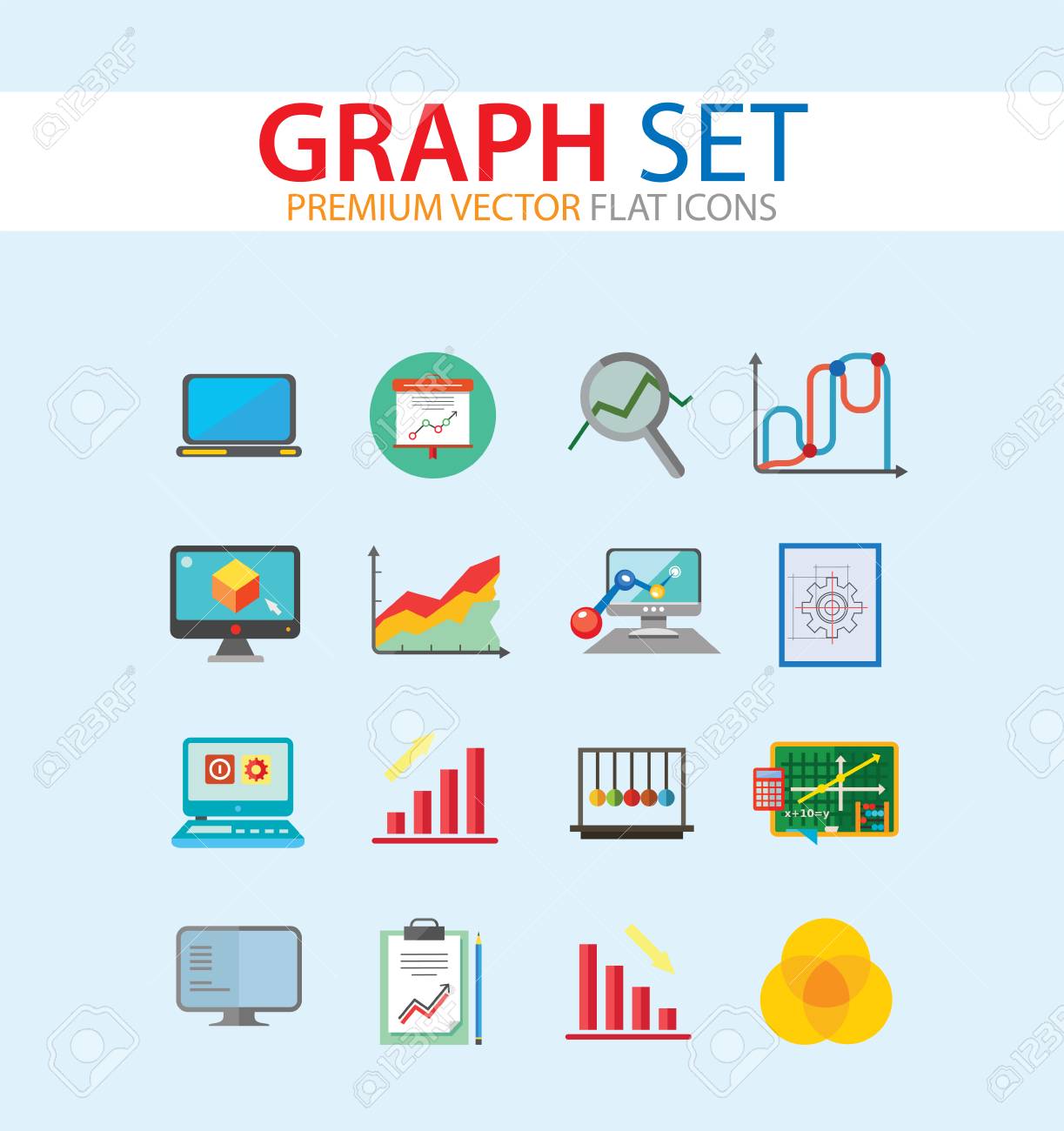 graph icon set magnifier and graph growing bar chart declining venn diagram elements calculator