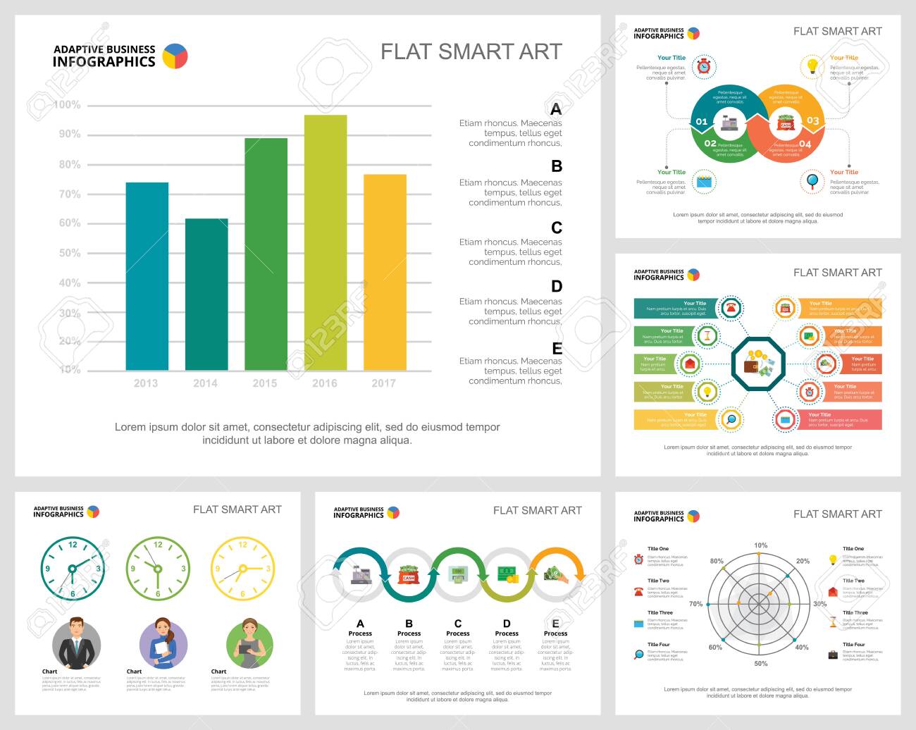 Colorful analytics or consulting concept infographic charts set. Business design elements for presentation slide templates. Can be used for financial report, workflow layout and brochure design. - 140874034 Colorful analytics or consulting concept infographic charts set. Business design elements for presentation slide templates. Can be used for financial report, workflow layout and brochure design. - 140874034
